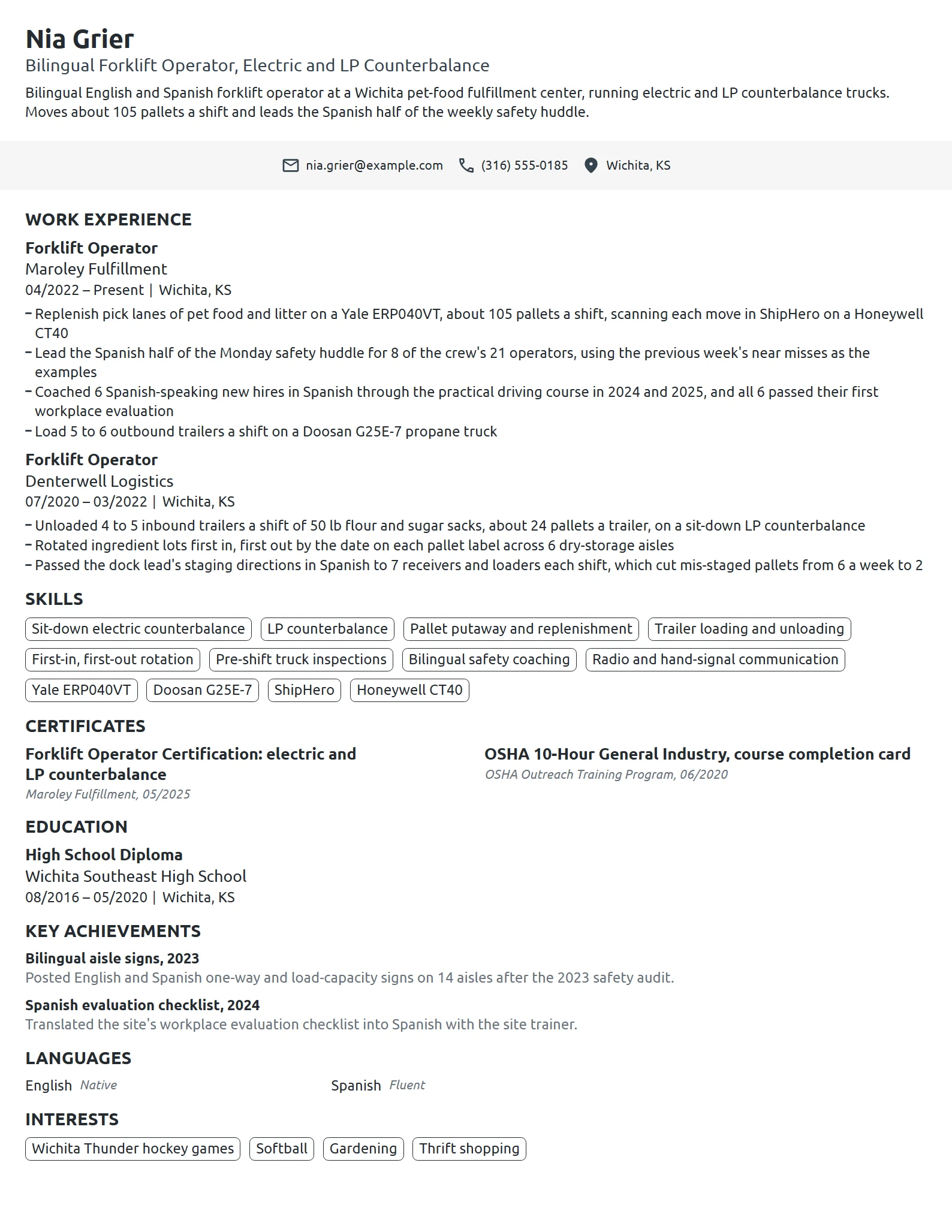 Bilingual Forklift Operator resume example