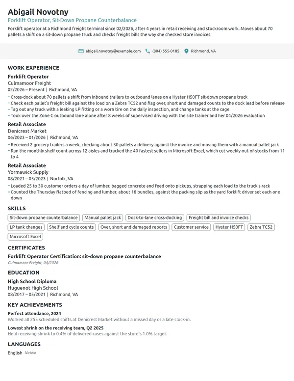 Career Change Forklift Operator resume example