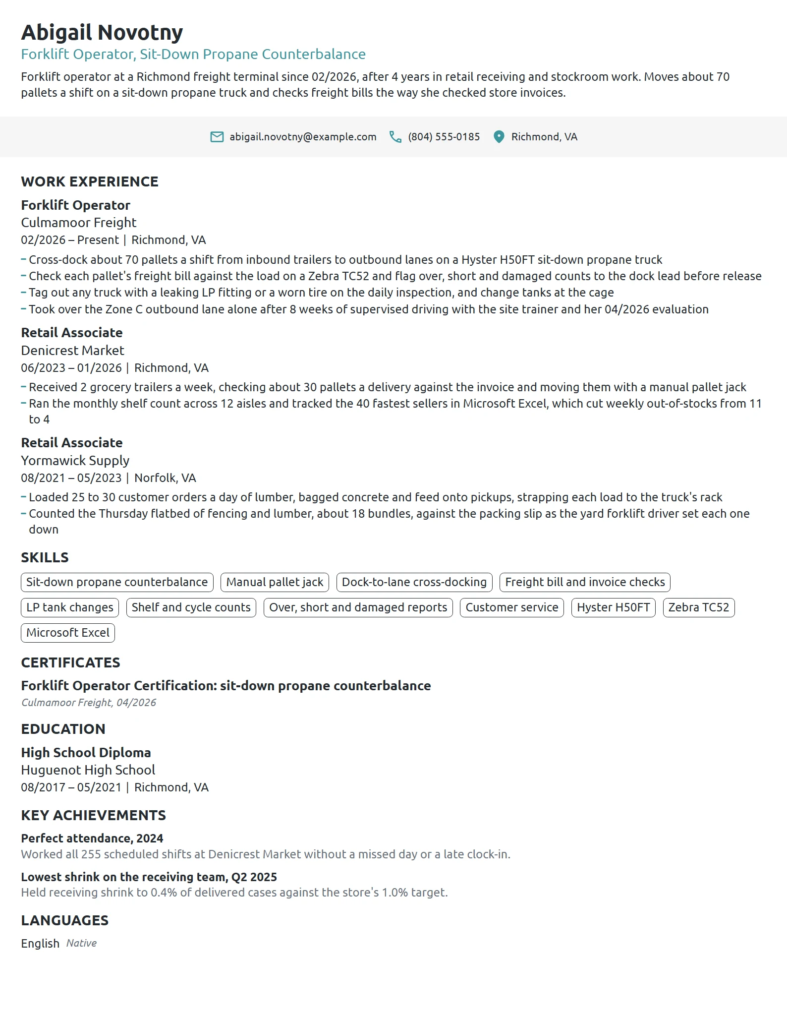 Career Change Forklift Operator resume example