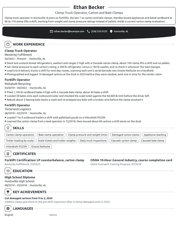Clamp Truck Operator resume example