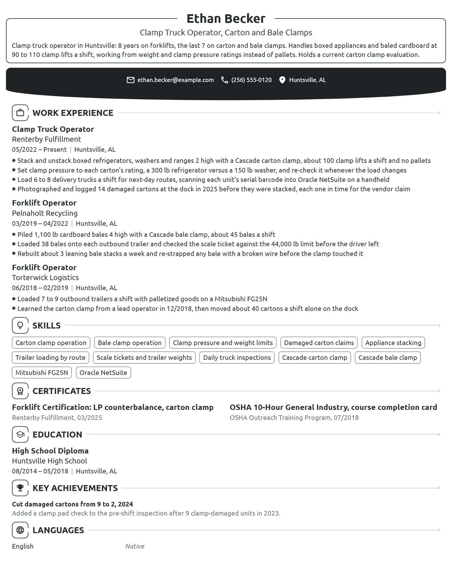 Clamp Truck Operator resume example