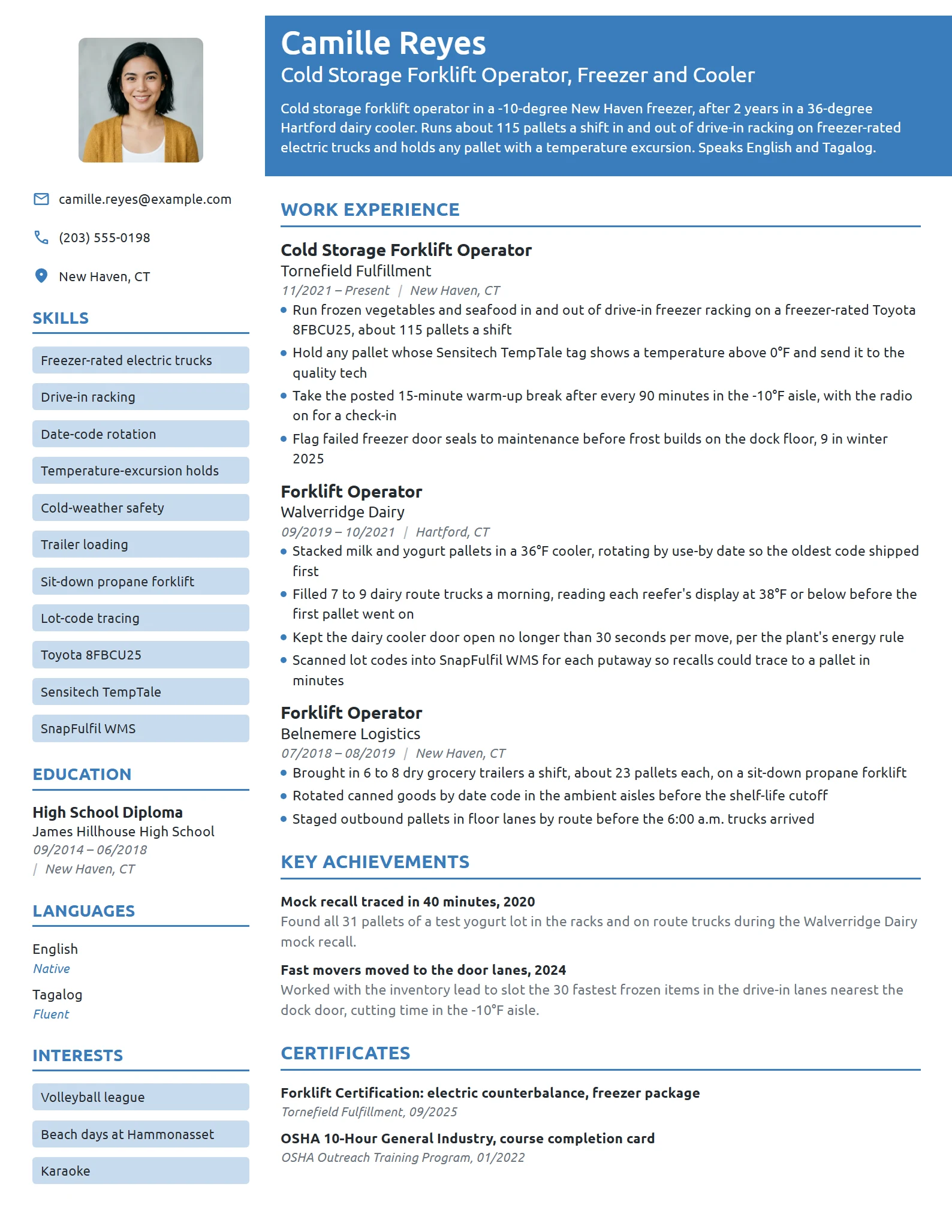 Cold Storage Forklift Operator resume example