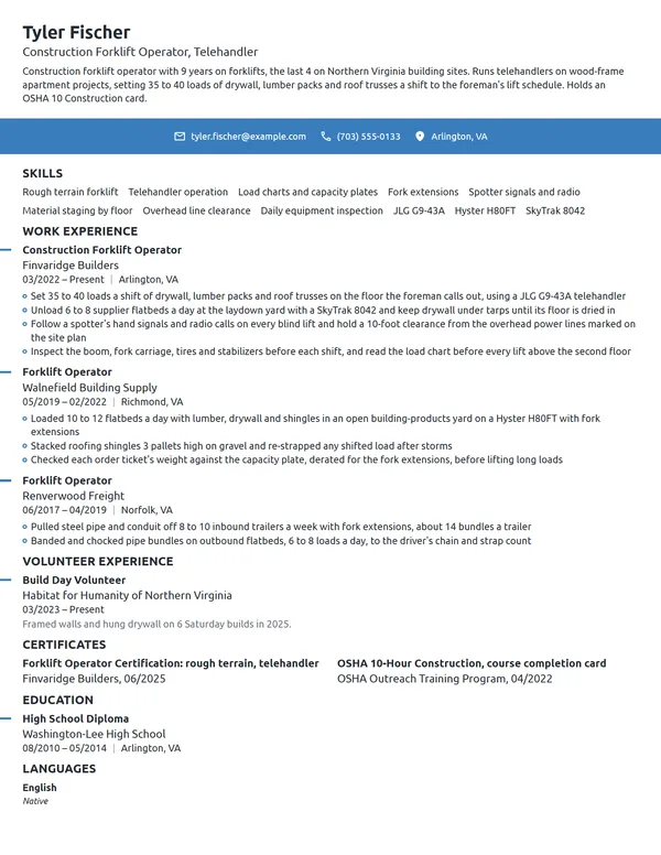 Construction Forklift Operator resume example