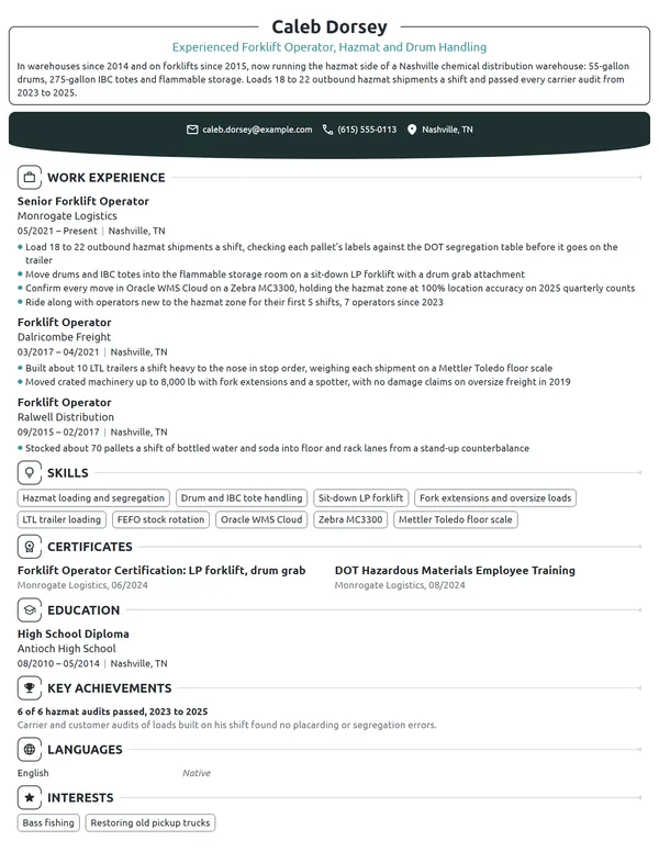 Experienced Forklift Operator resume example