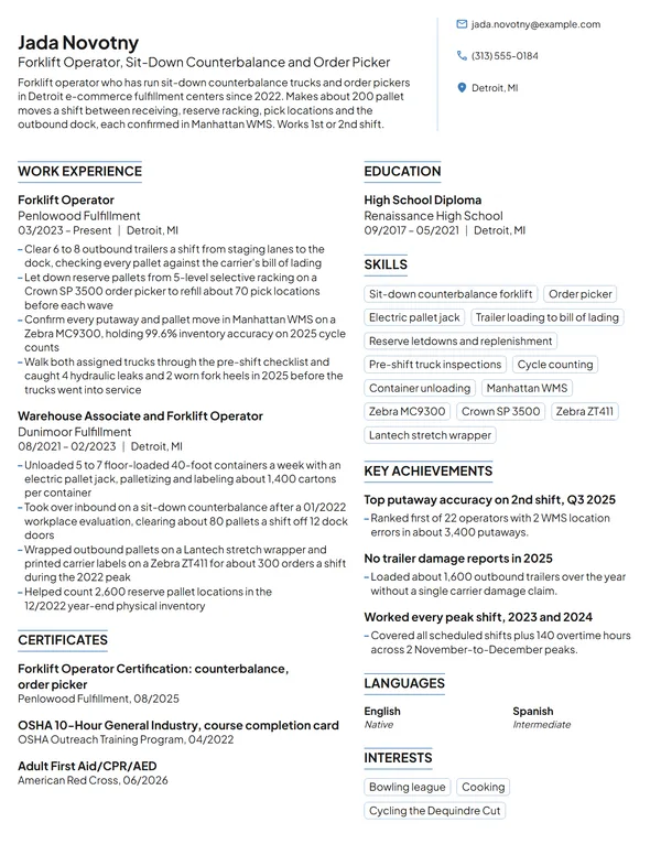 Forklift Operator resume example