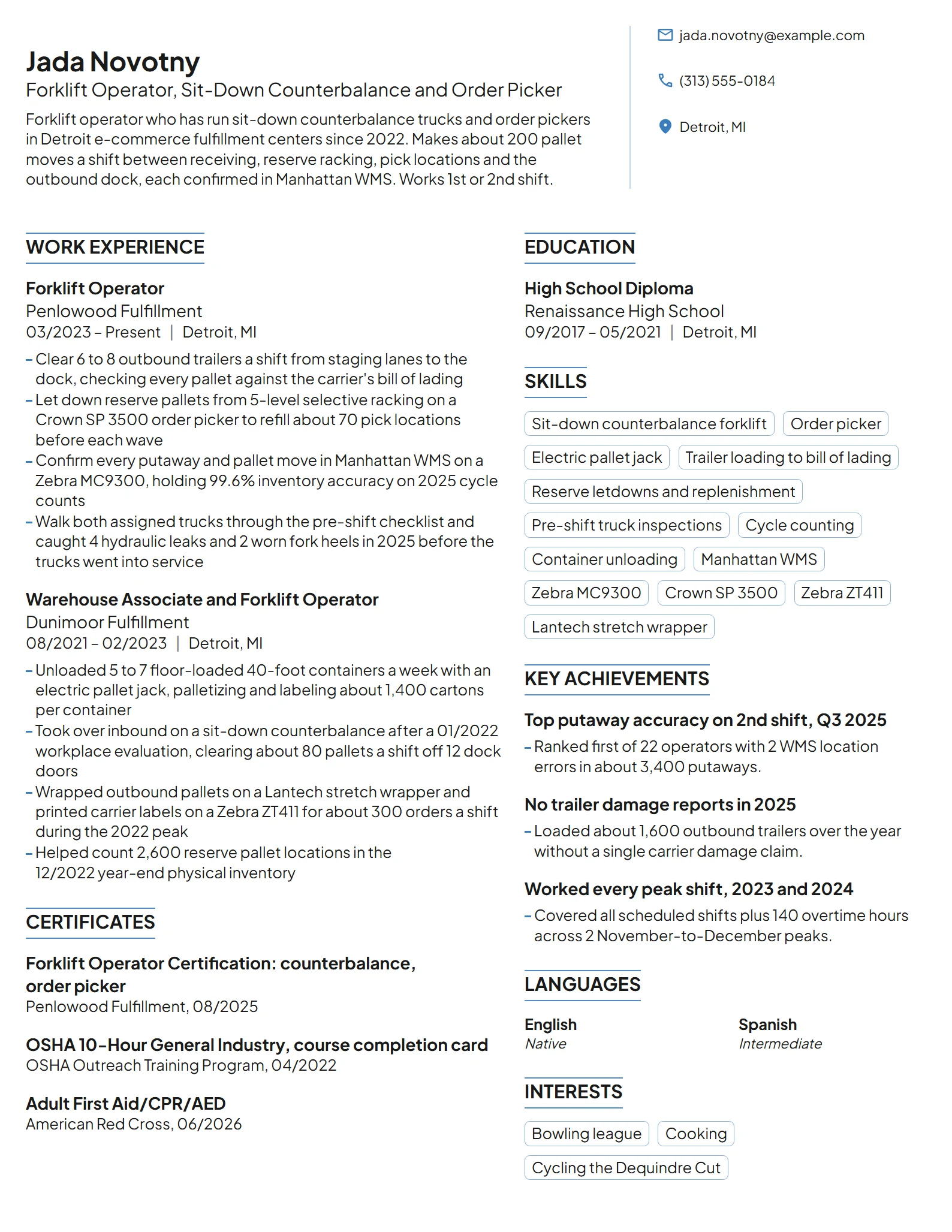 Forklift Operator resume example