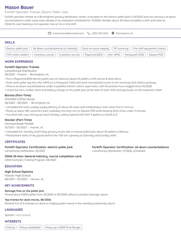 Forklift Operator Trainee resume example