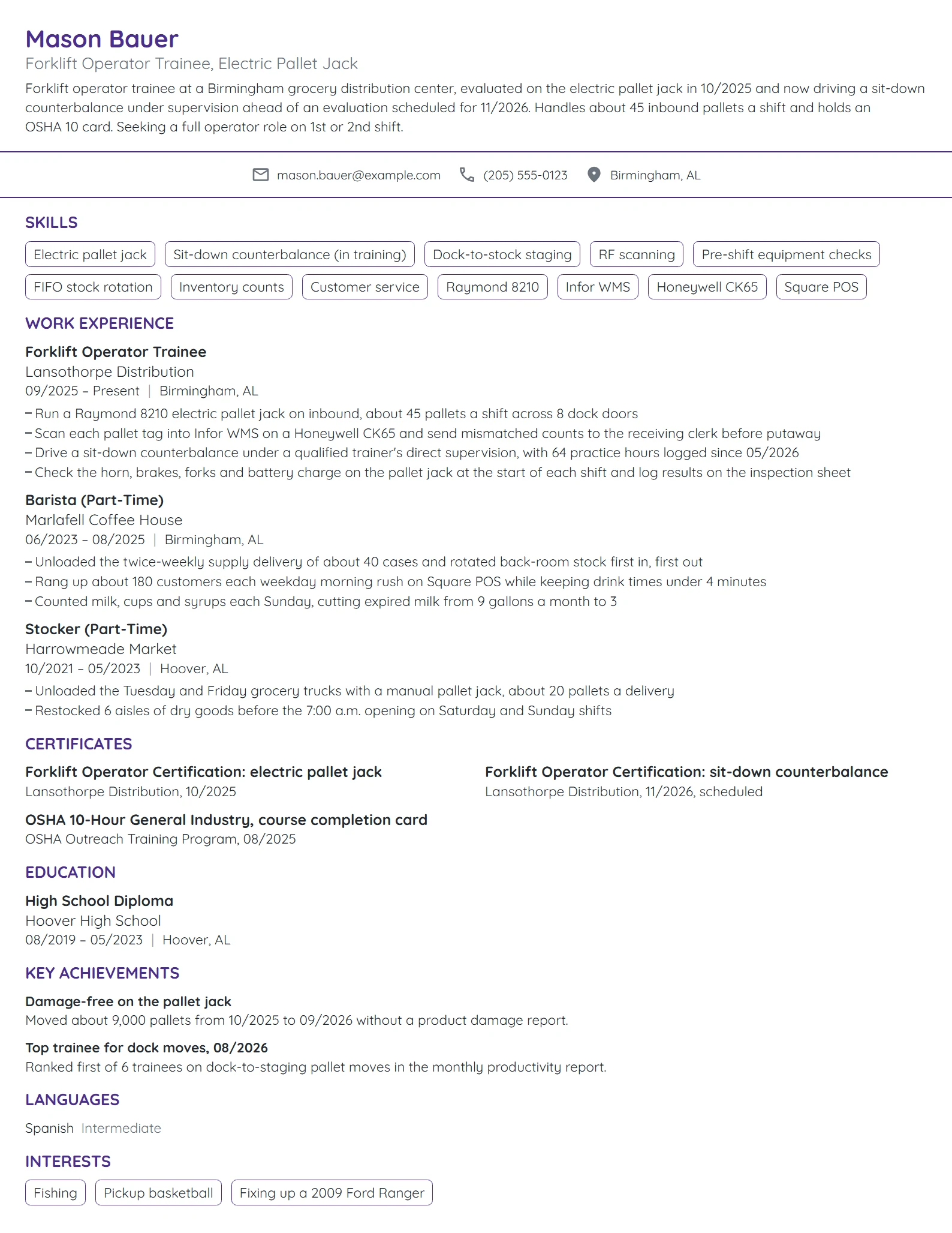 Forklift Operator Trainee resume example