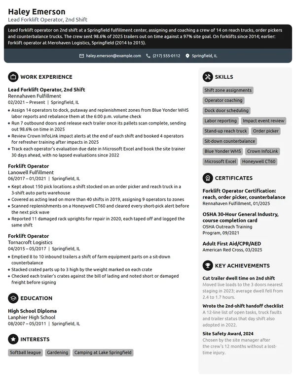 Lead Forklift Operator resume example