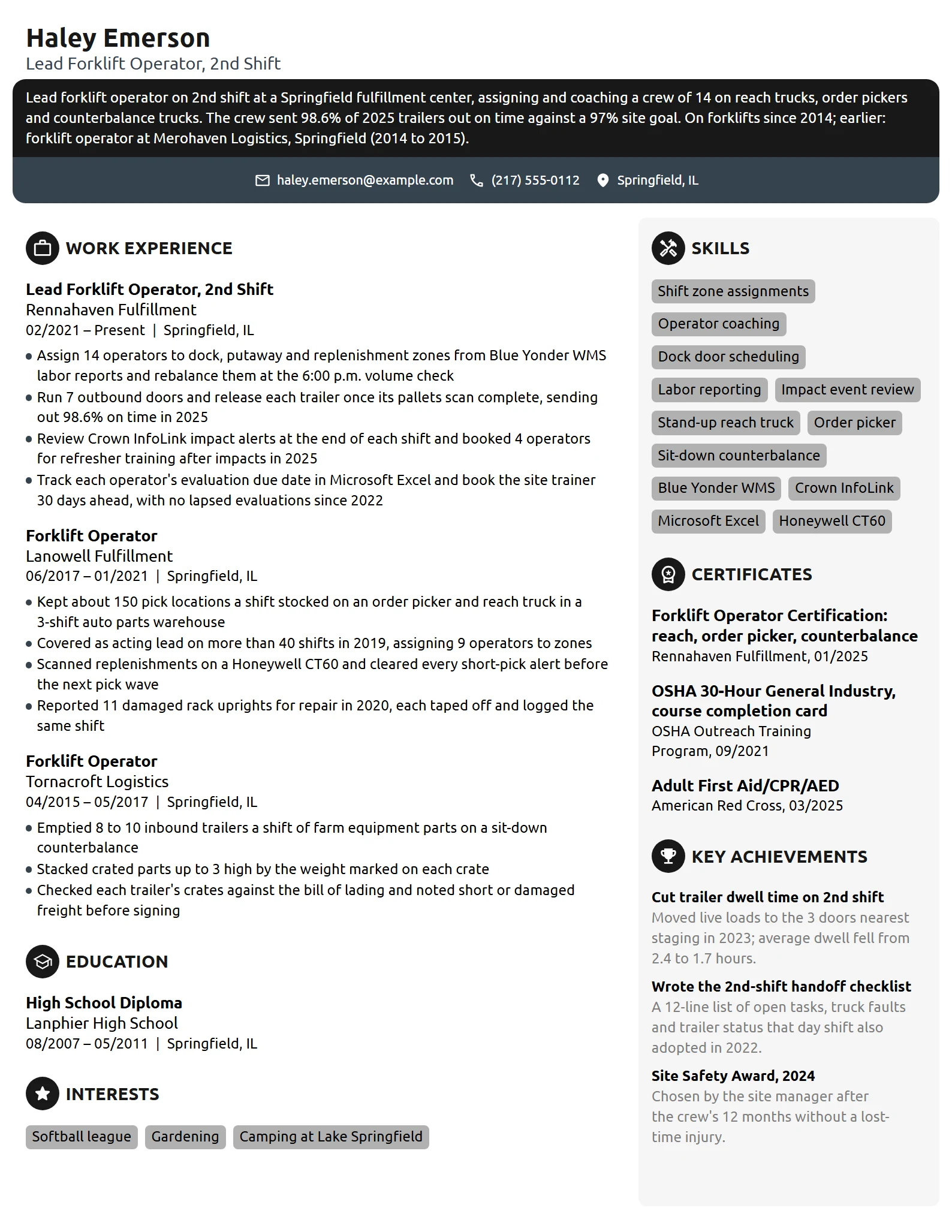 Lead Forklift Operator resume example