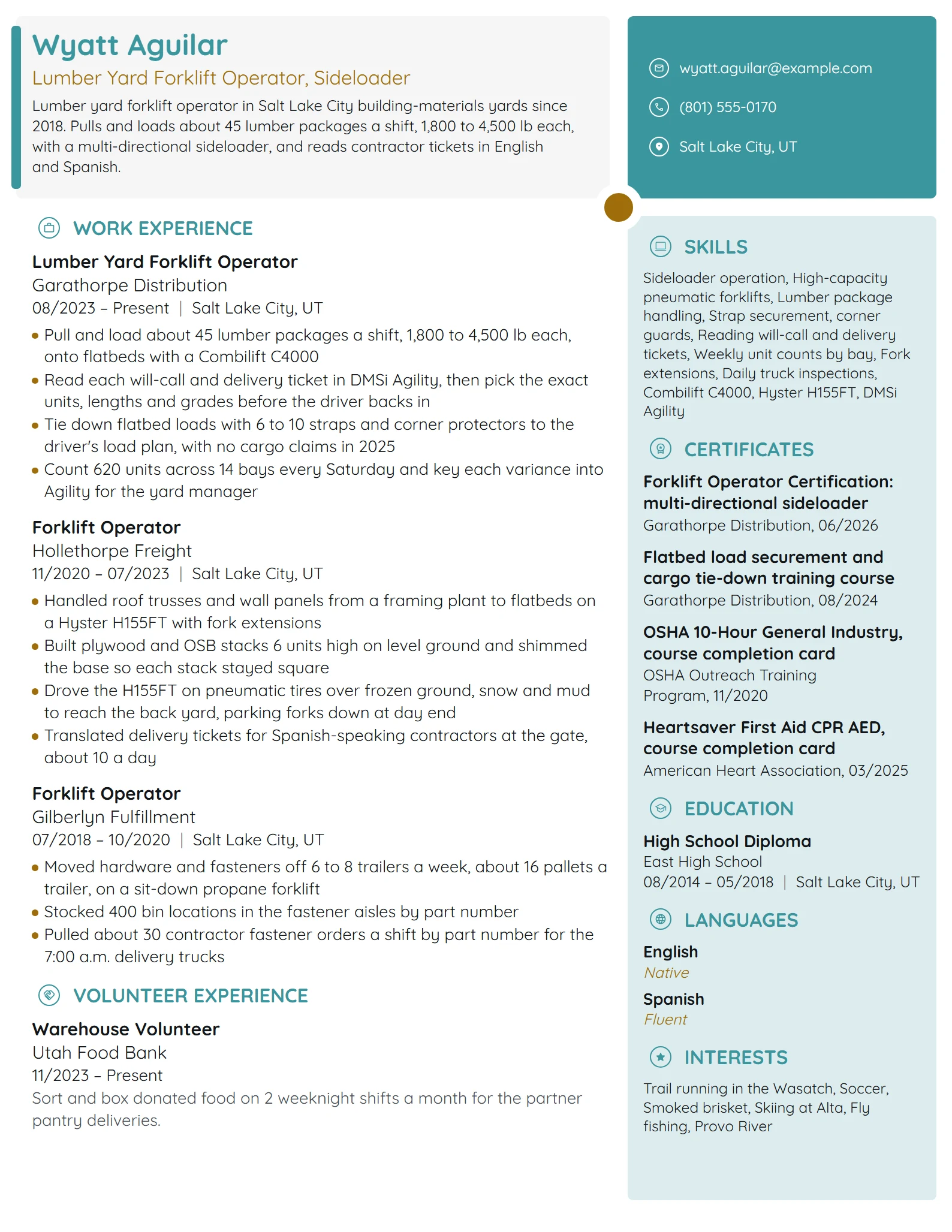 Lumber Yard Forklift Operator resume example