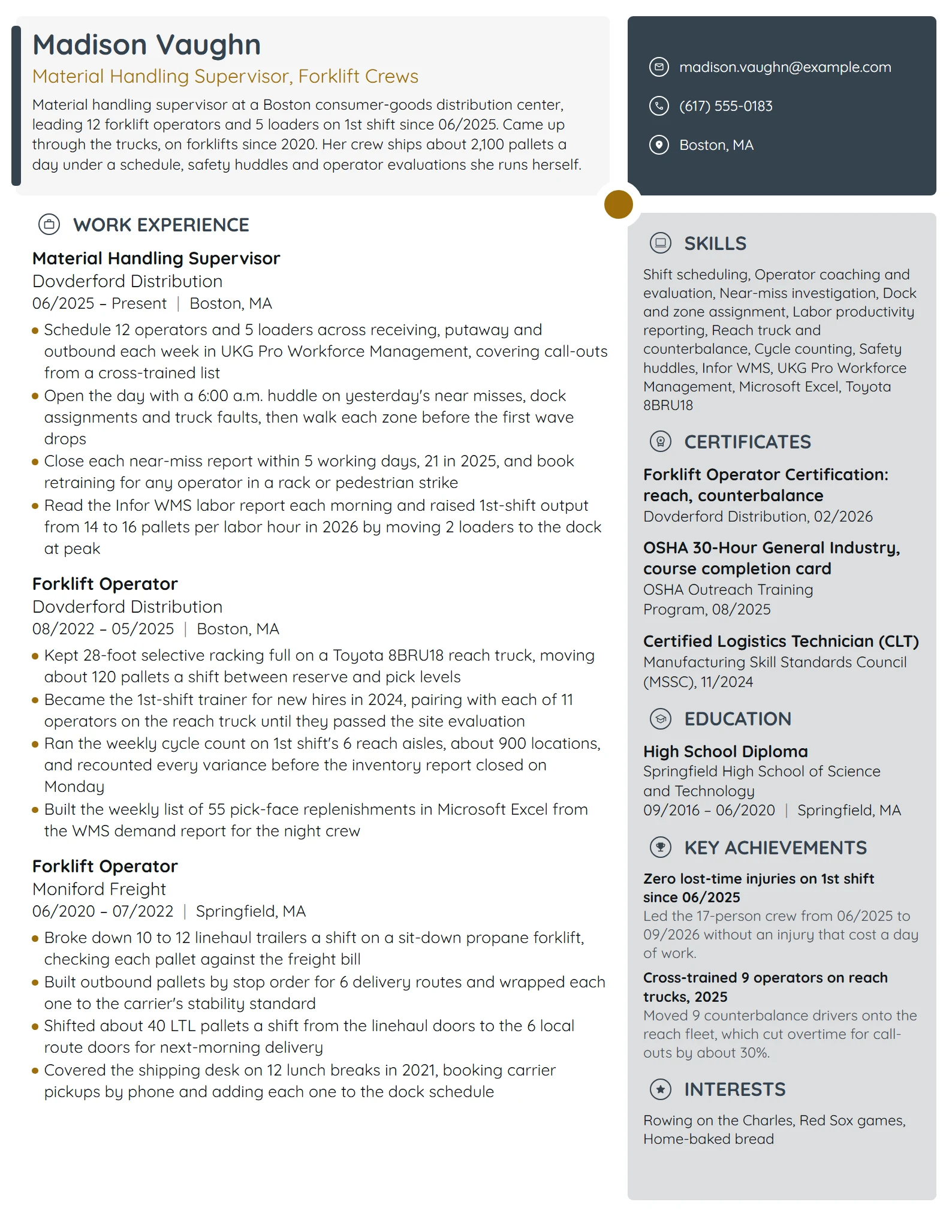 Material Handling Supervisor resume example
