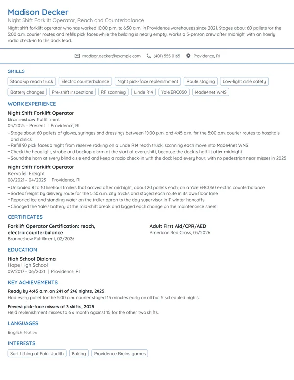 Night Shift Forklift Operator resume example