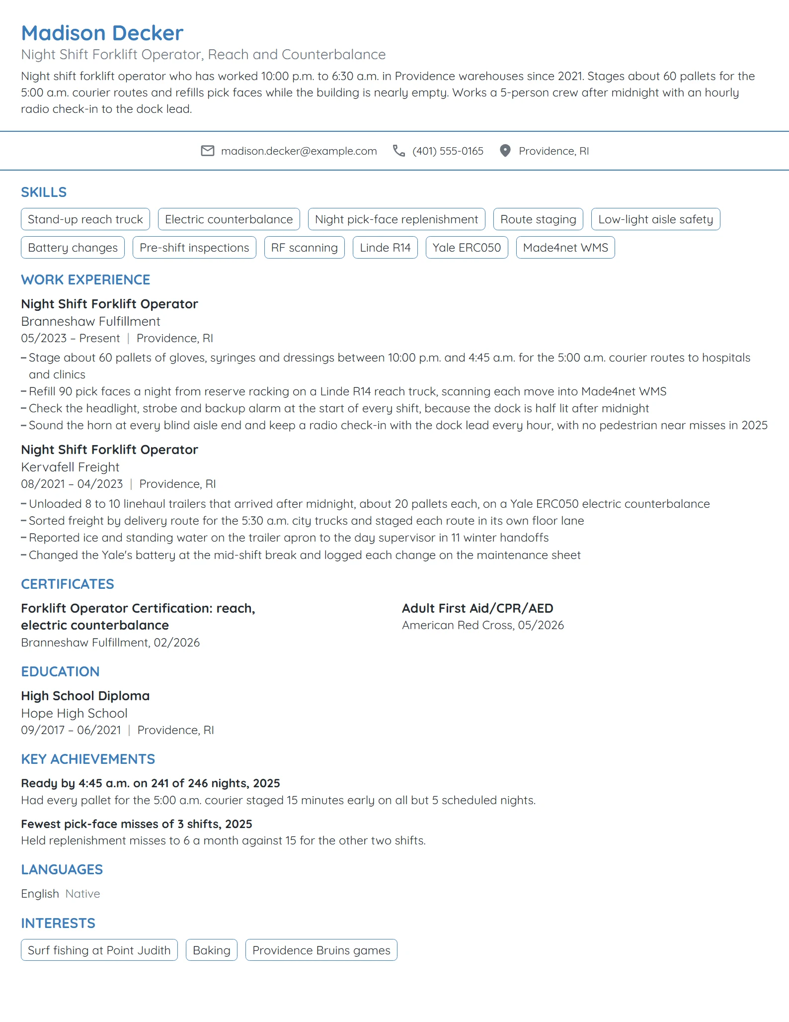 Night Shift Forklift Operator resume example