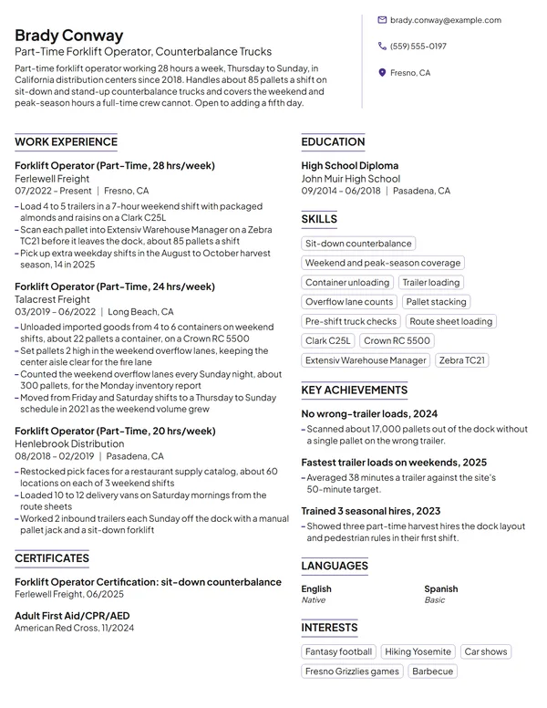 Part-Time Forklift Operator resume example