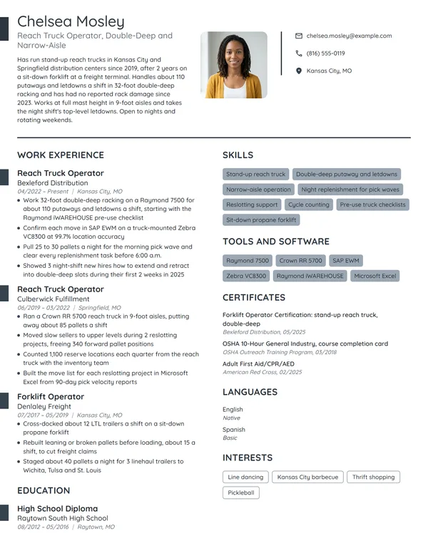 Reach Truck Operator resume example