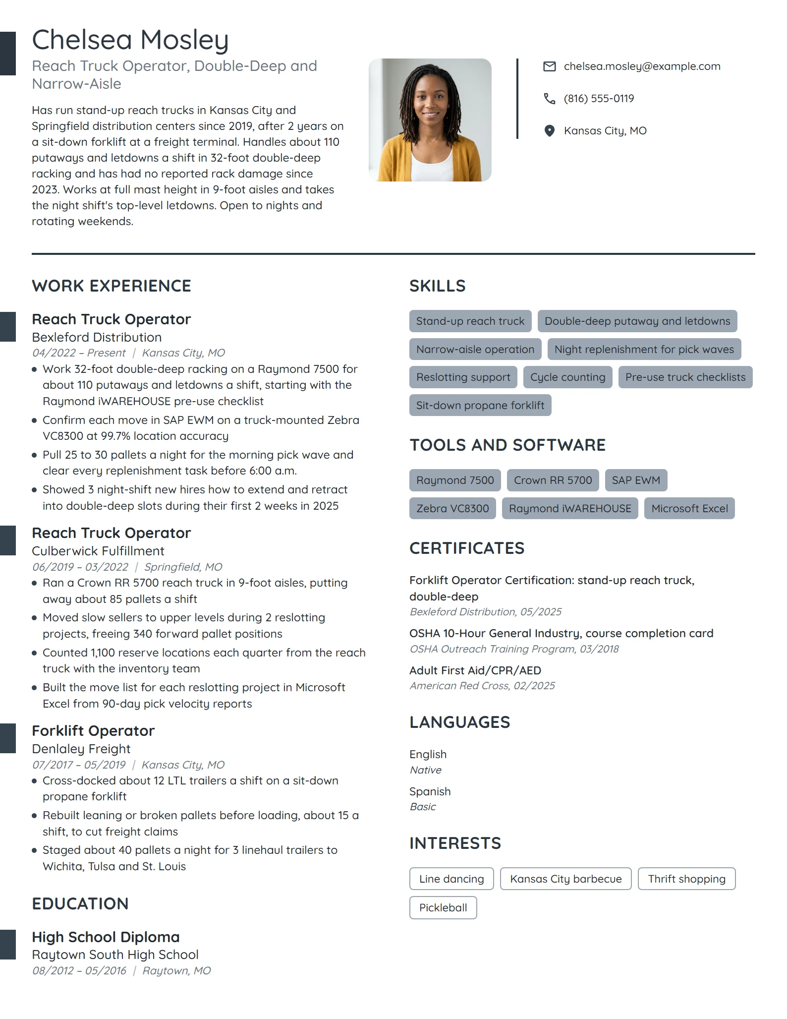 Reach Truck Operator resume example