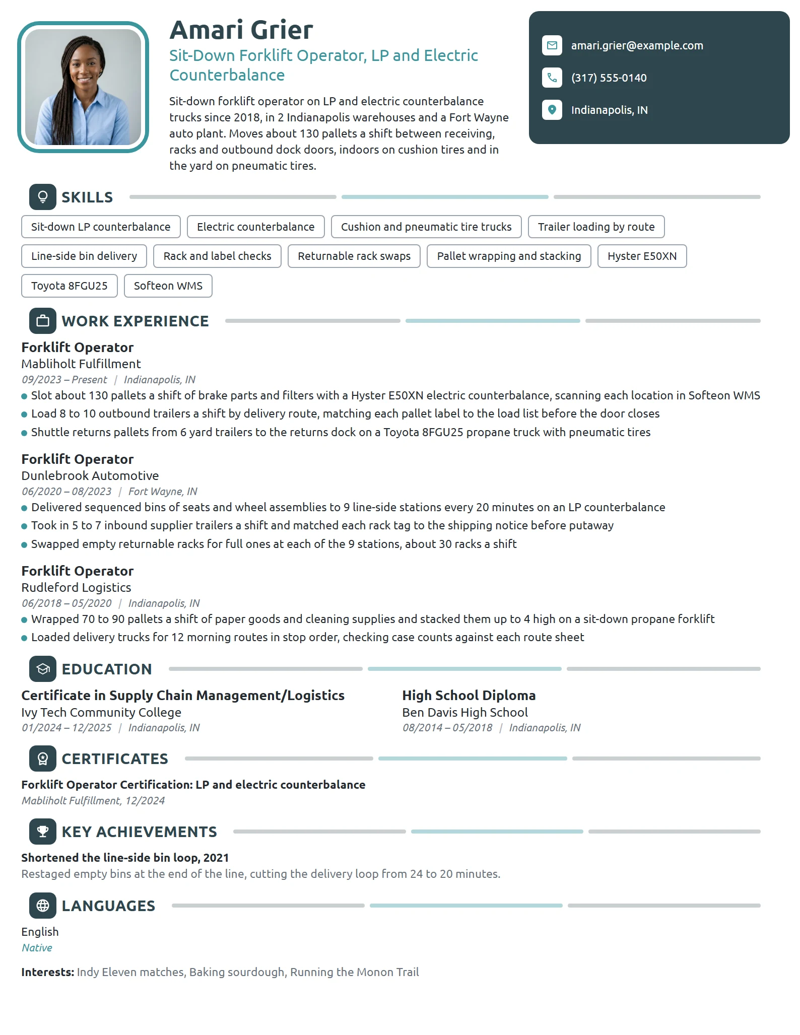 Sit-Down Forklift Operator resume example