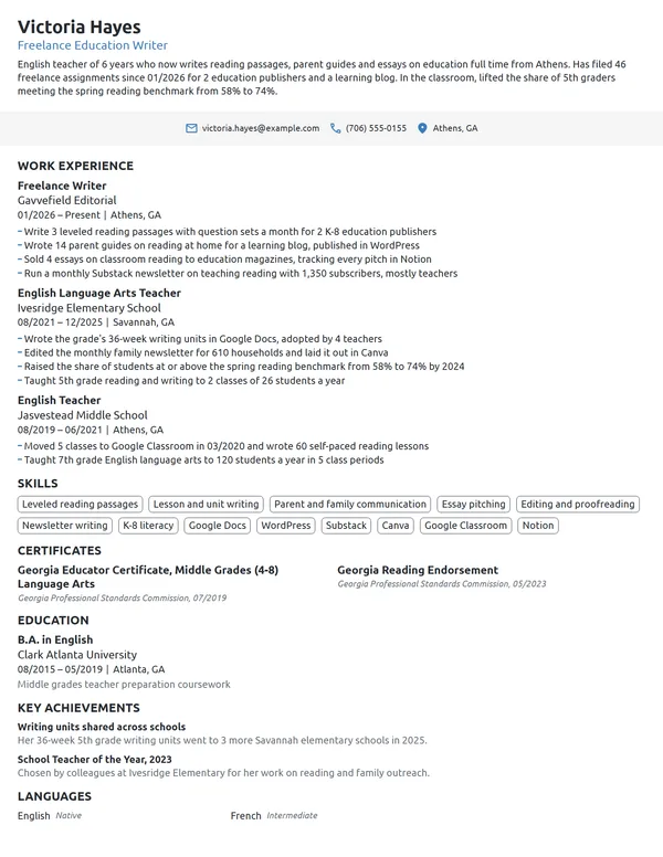 Career Change Freelance Writer resume example