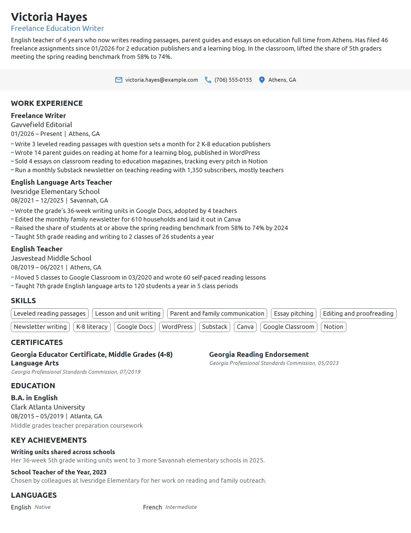 Career Change Freelance Writer resume example