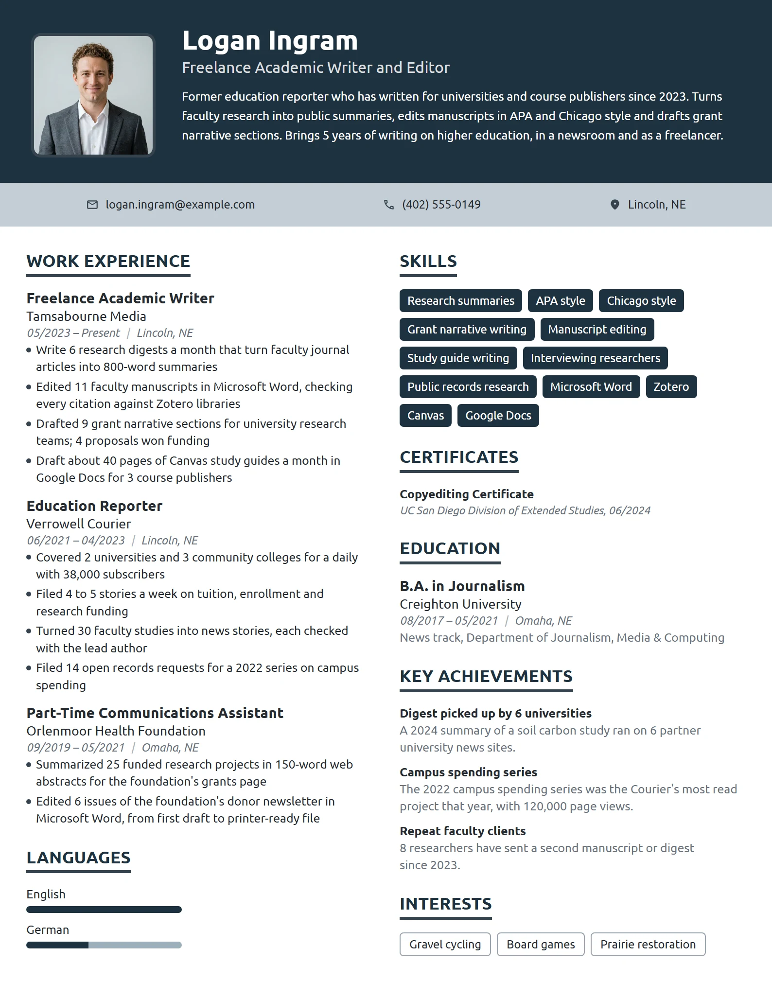 Freelance Academic Writer resume example