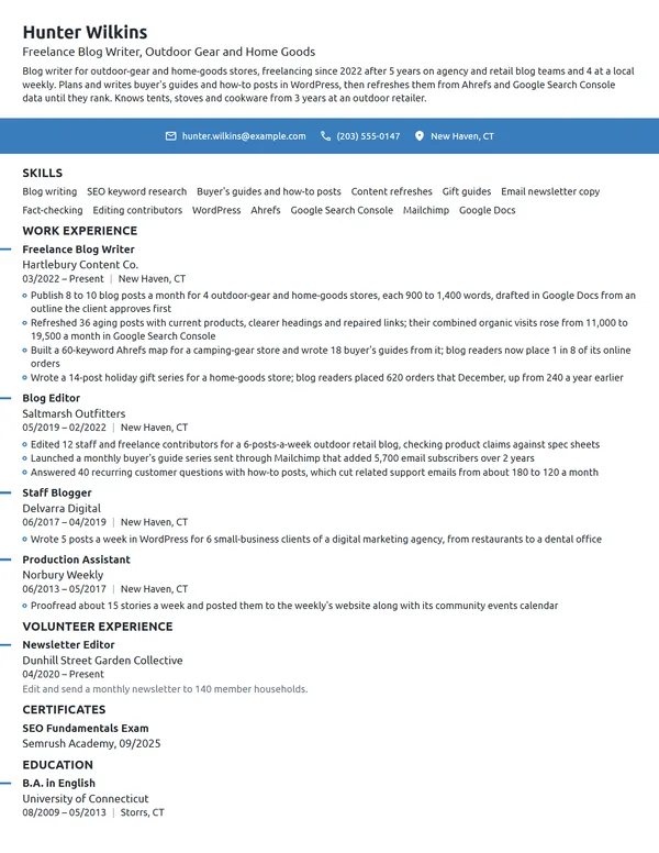 Freelance Blog Writer resume example