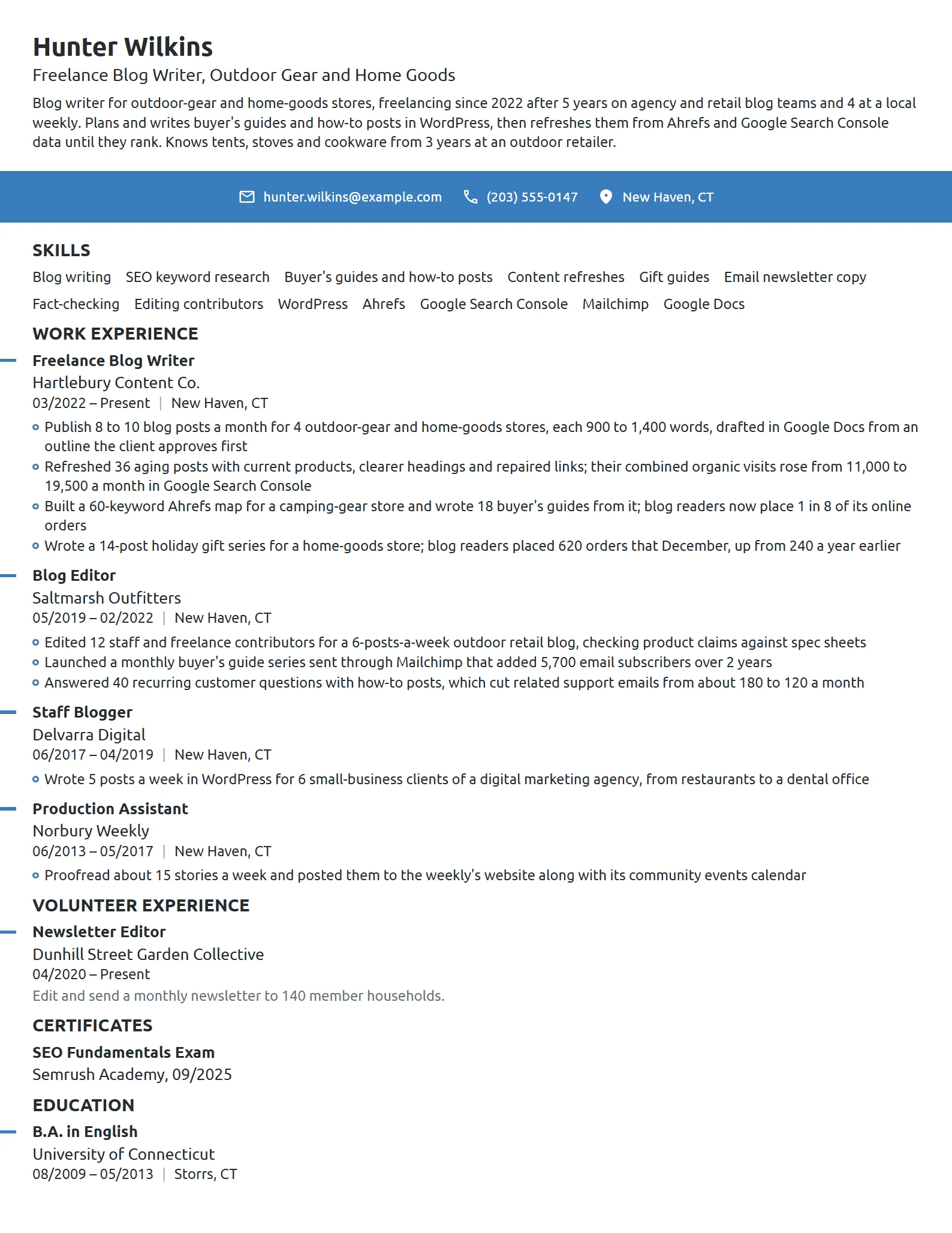 Freelance Blog Writer resume example
