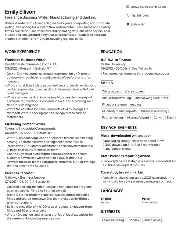 Freelance Business Writer resume example