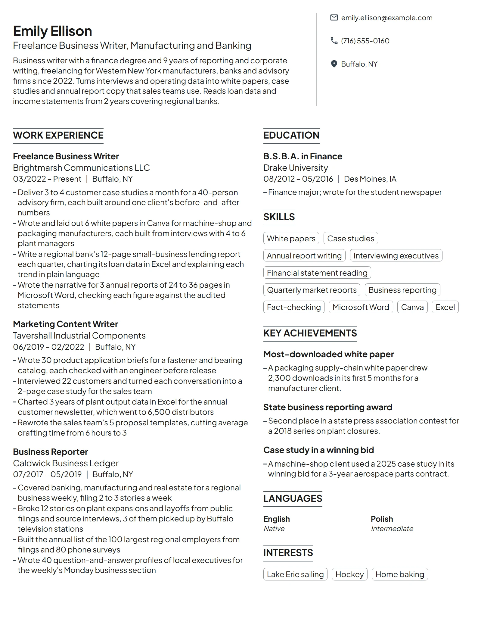 Freelance Business Writer resume example