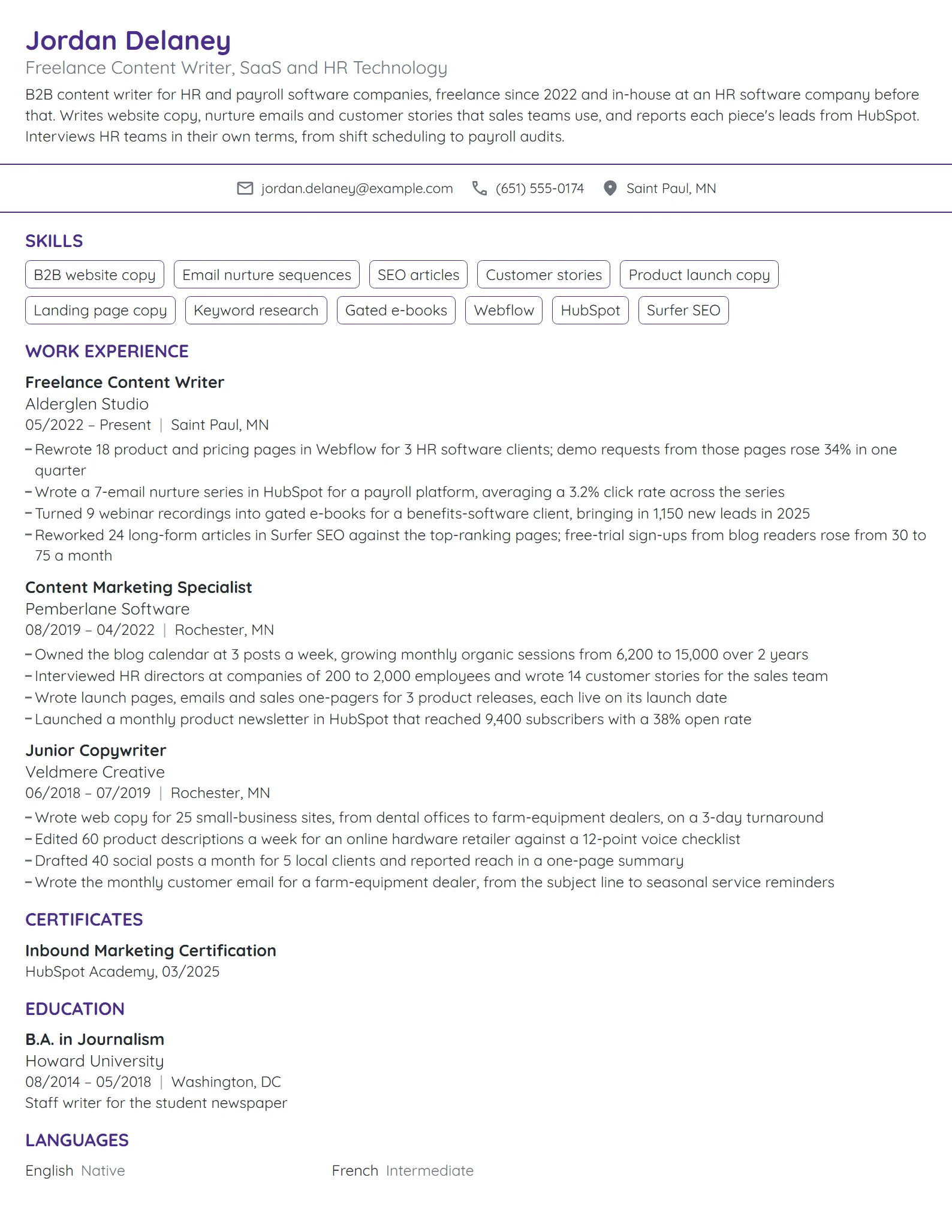Freelance Content Writer resume example