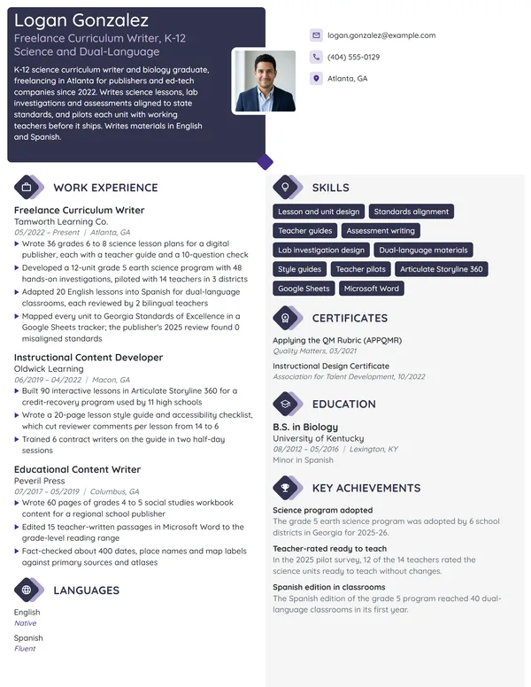 Freelance Curriculum Writer resume example