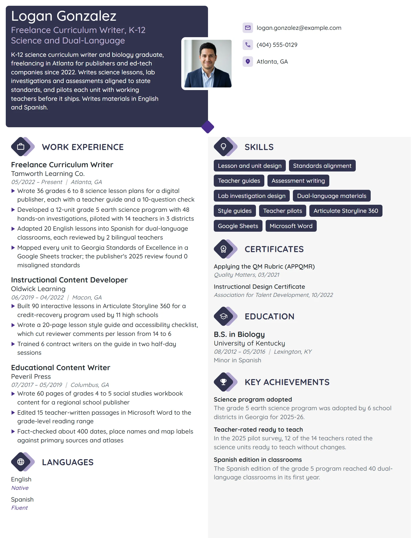 Freelance Curriculum Writer resume example