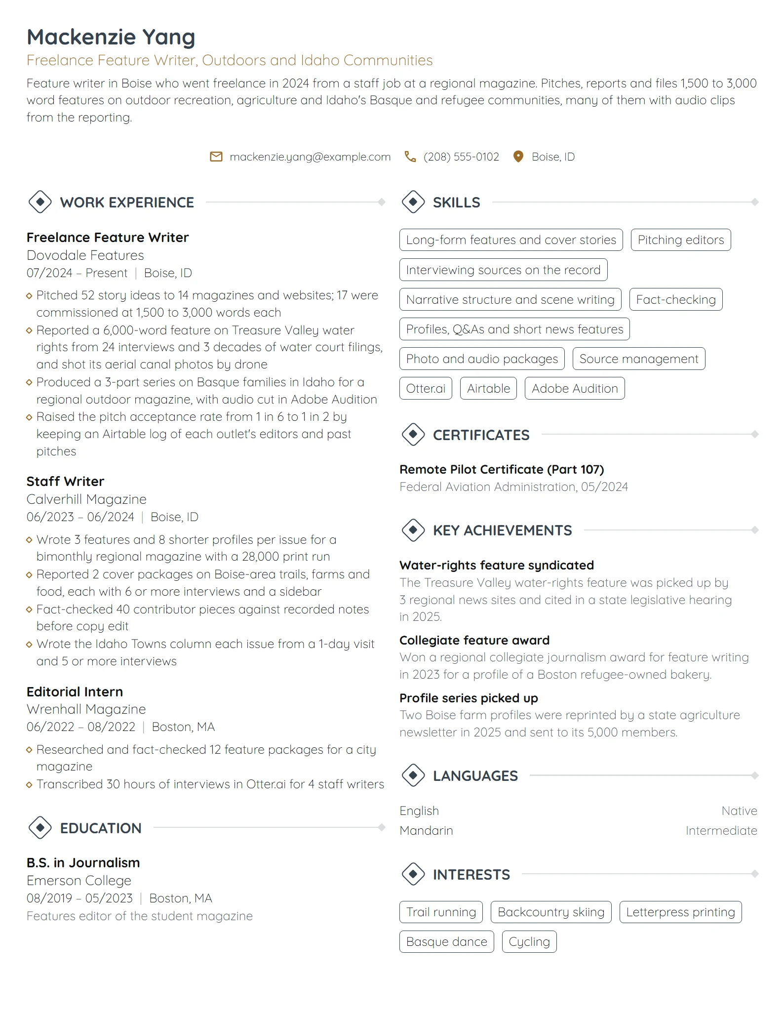 Freelance Feature Writer resume example