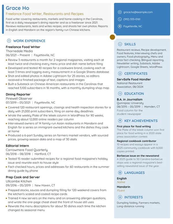 Freelance Food Writer resume example