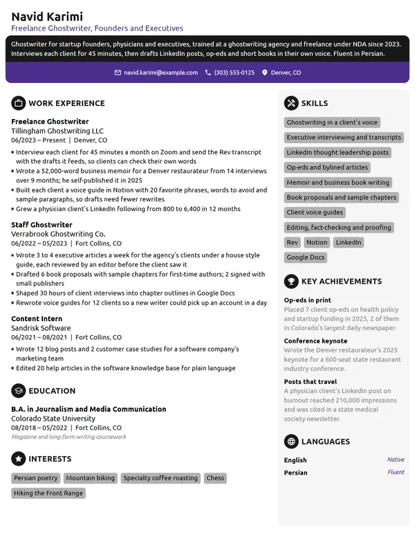 Freelance Ghostwriter resume example