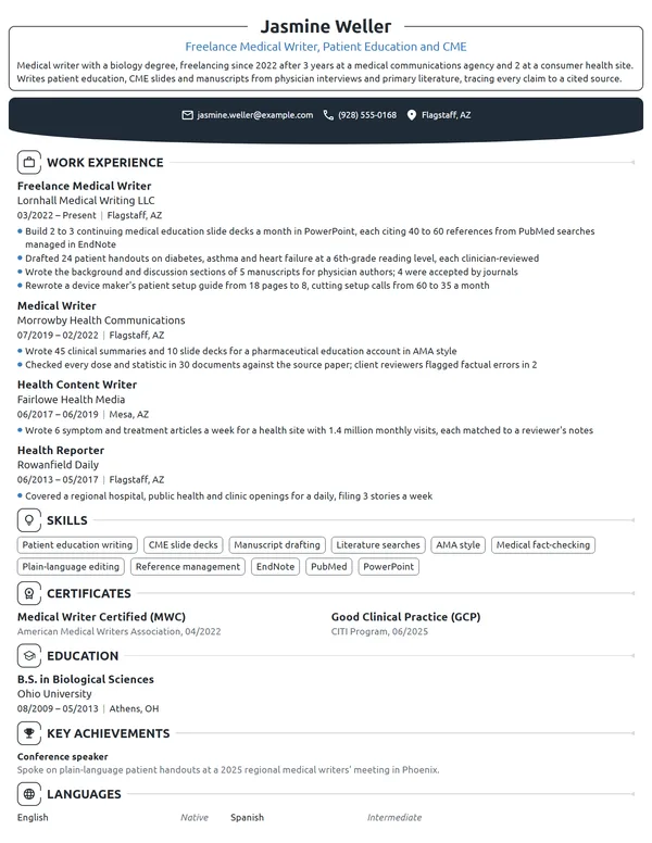 Freelance Medical Writer resume example