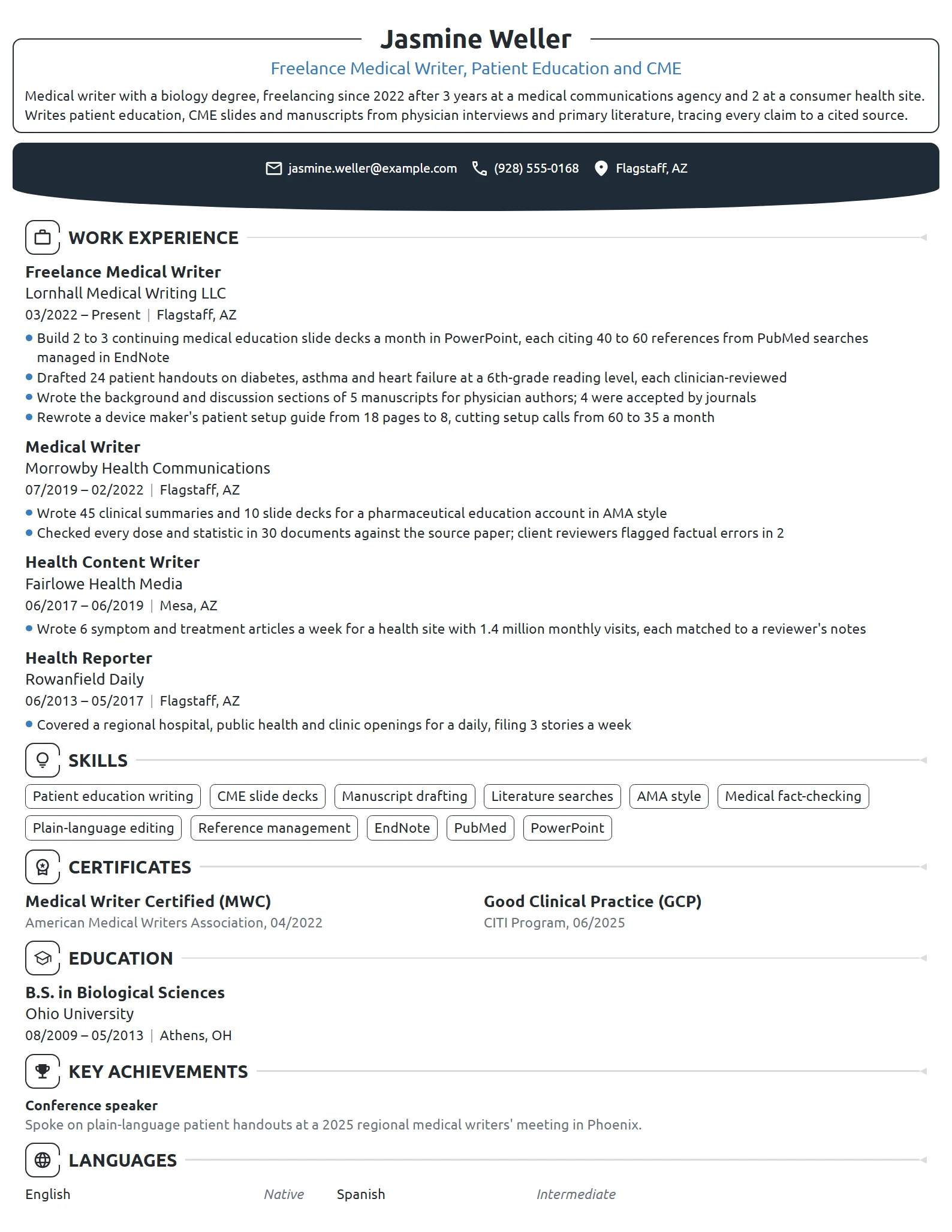 Freelance Medical Writer resume example