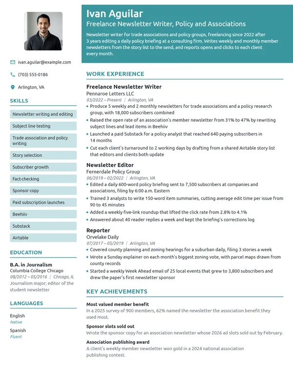 Freelance Newsletter Writer resume example