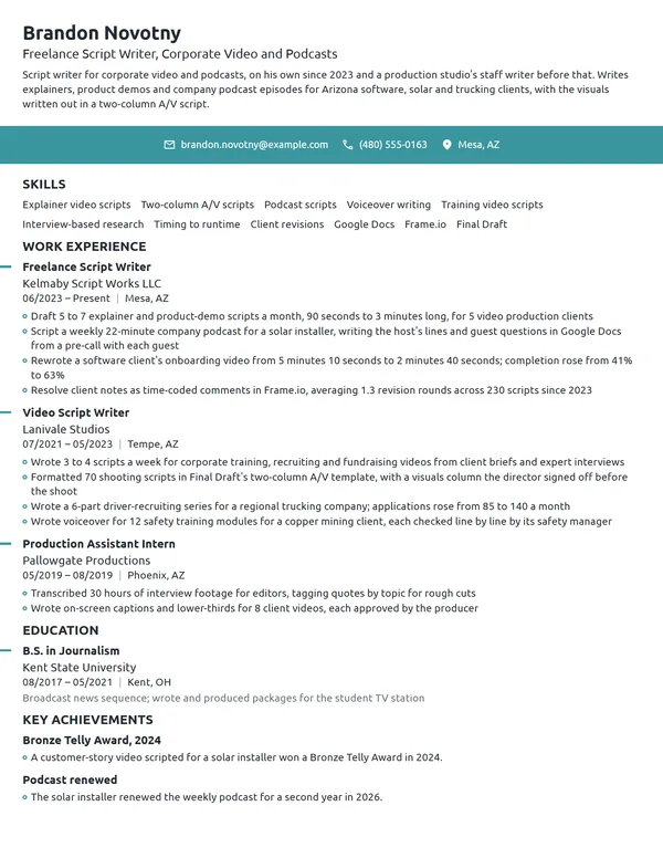 Freelance Script Writer resume example