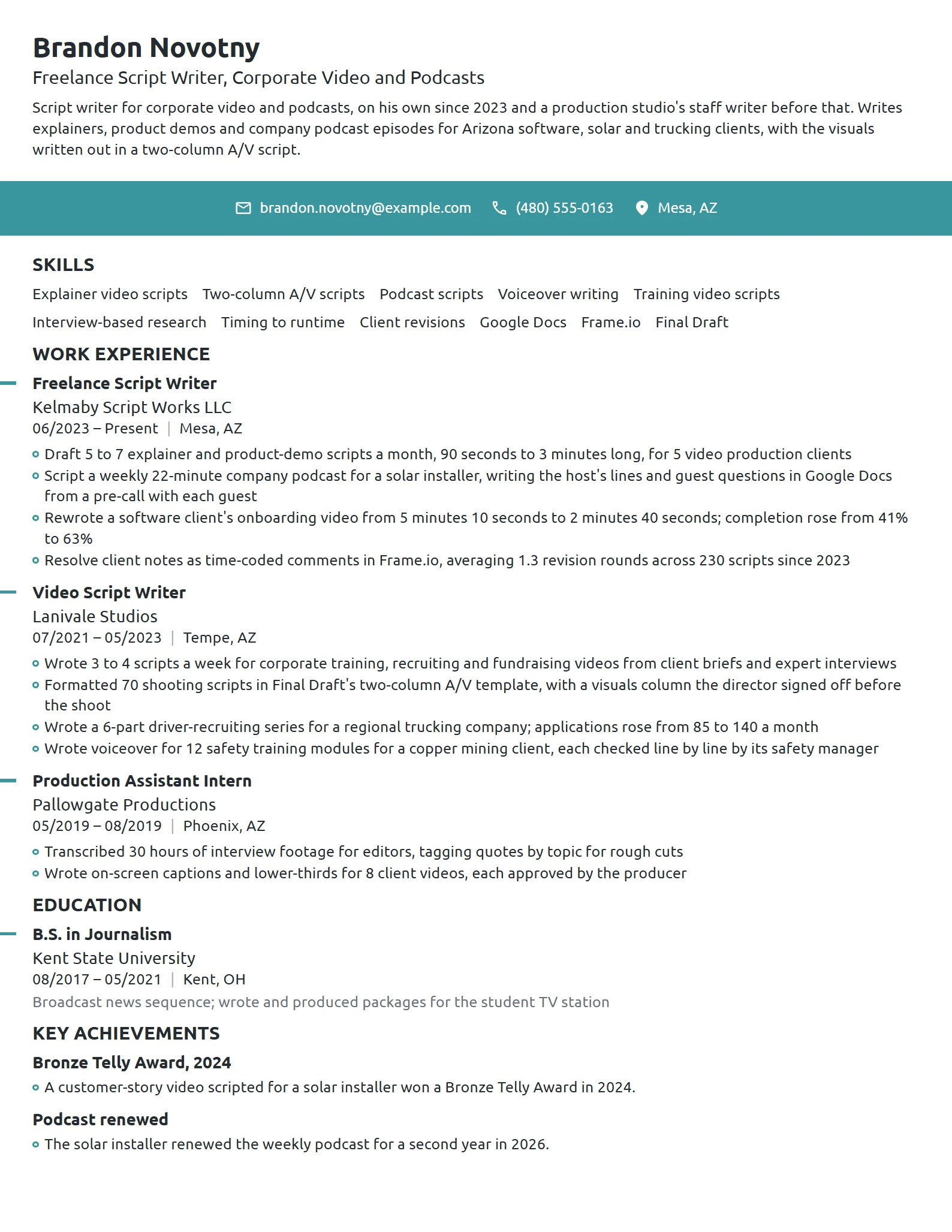 Freelance Script Writer resume example