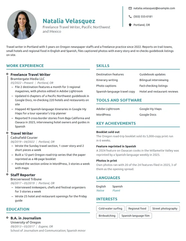 Freelance Travel Writer resume example