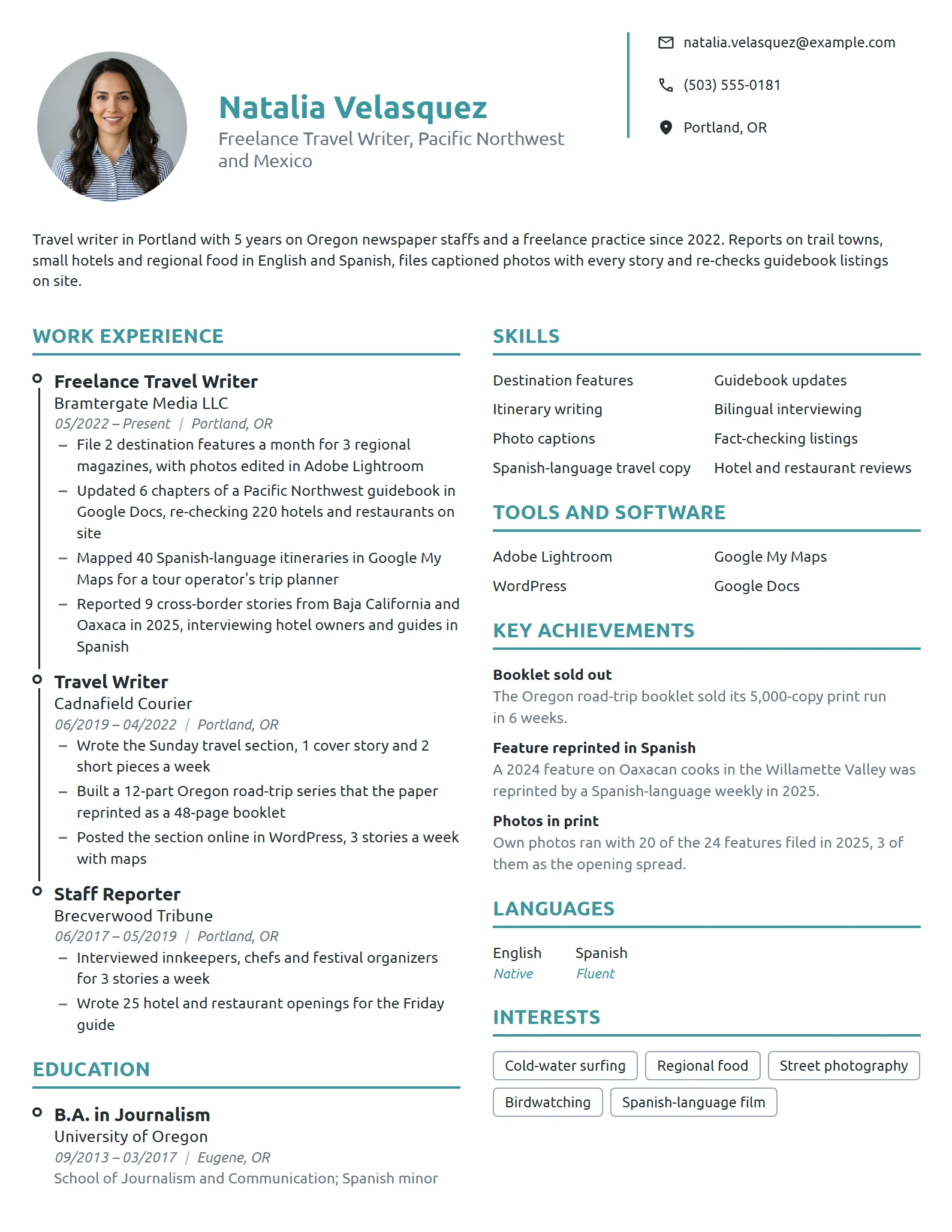 Freelance Travel Writer resume example