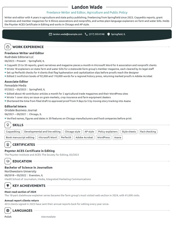Freelance Writer and Editor resume example