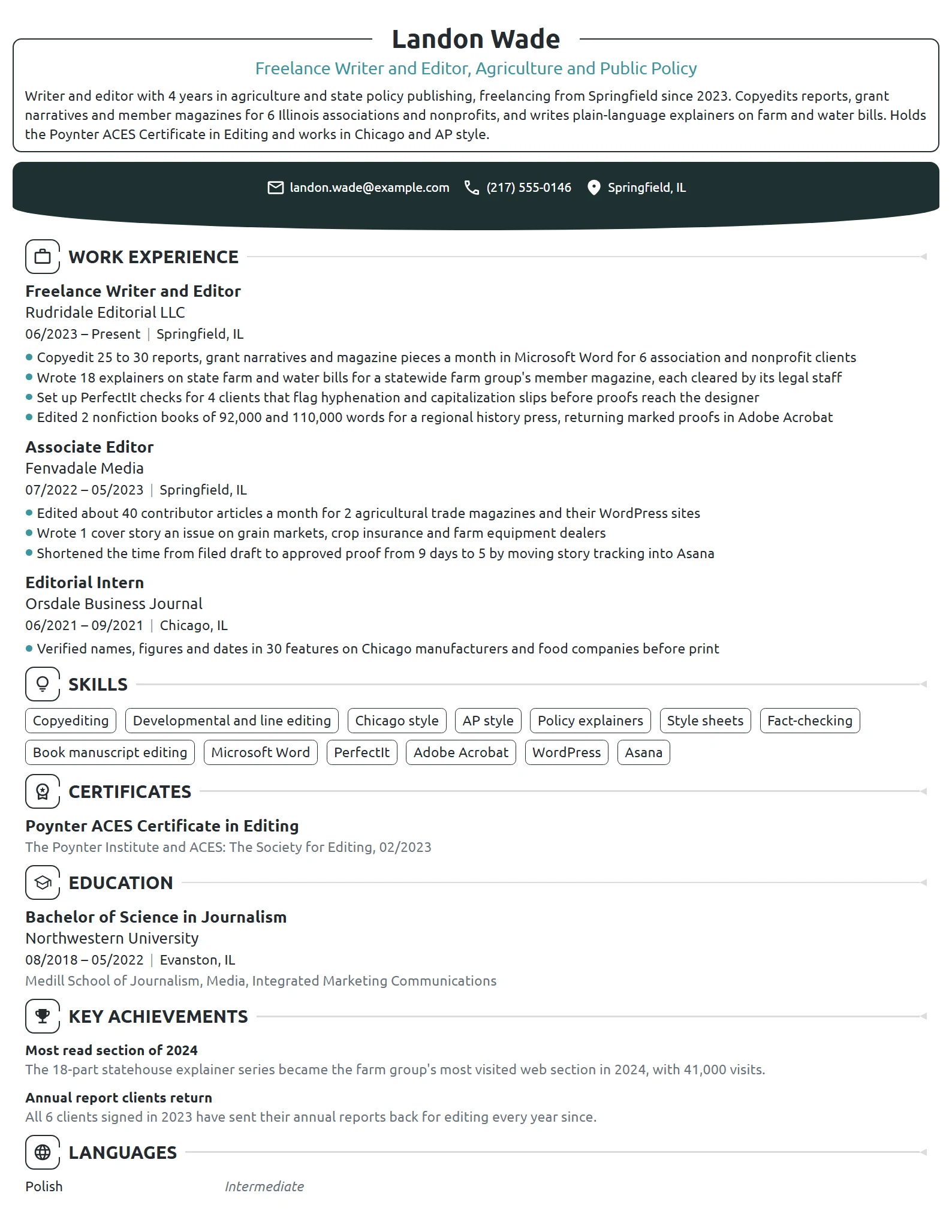 Freelance Writer and Editor resume example