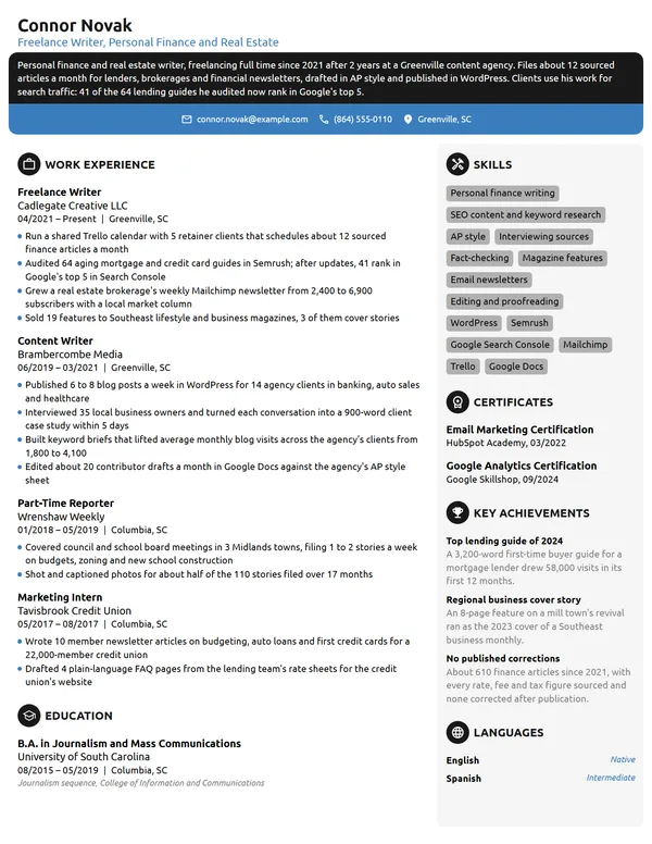 Freelance Writer resume example