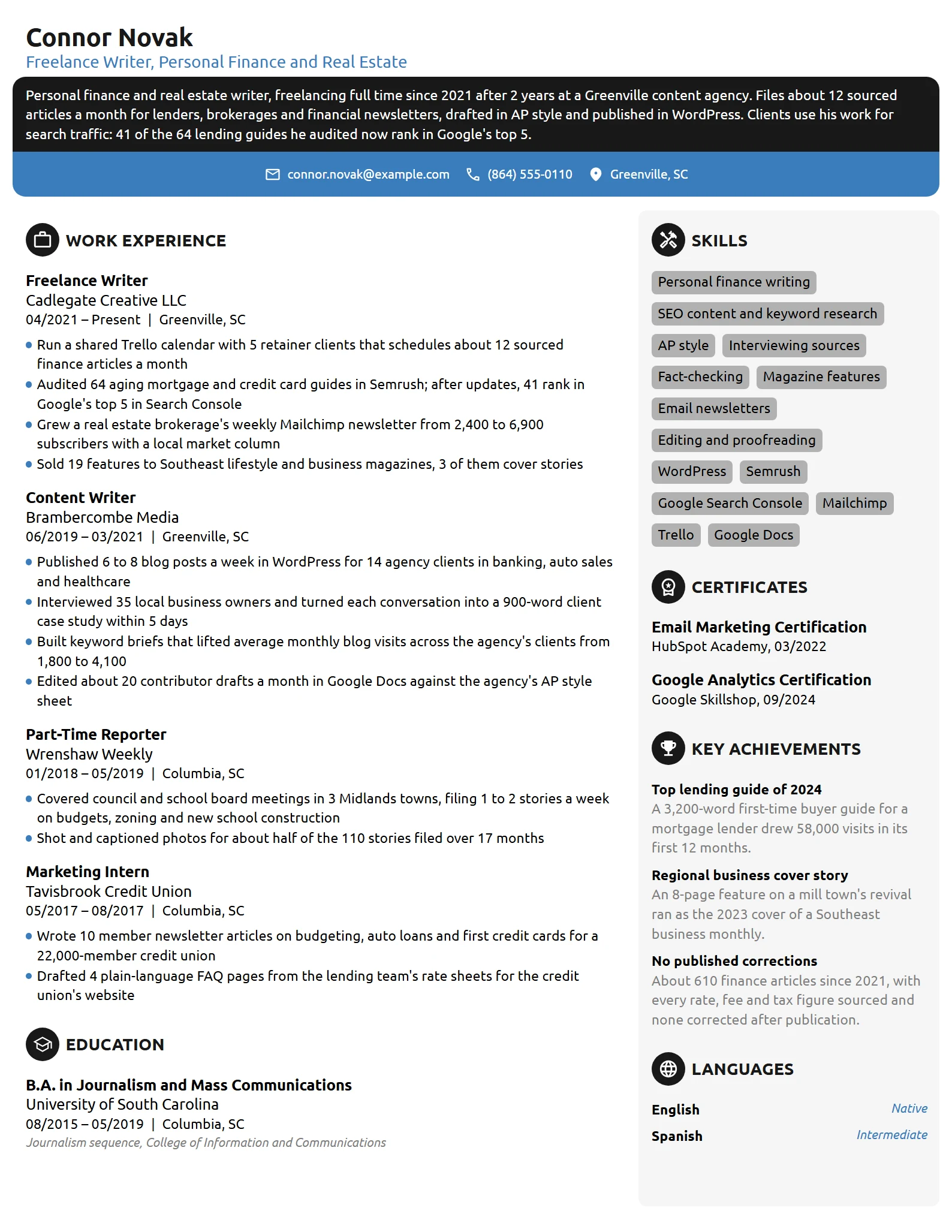Freelance Writer resume example