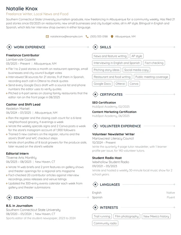 Freelance Writer with No Experience resume example