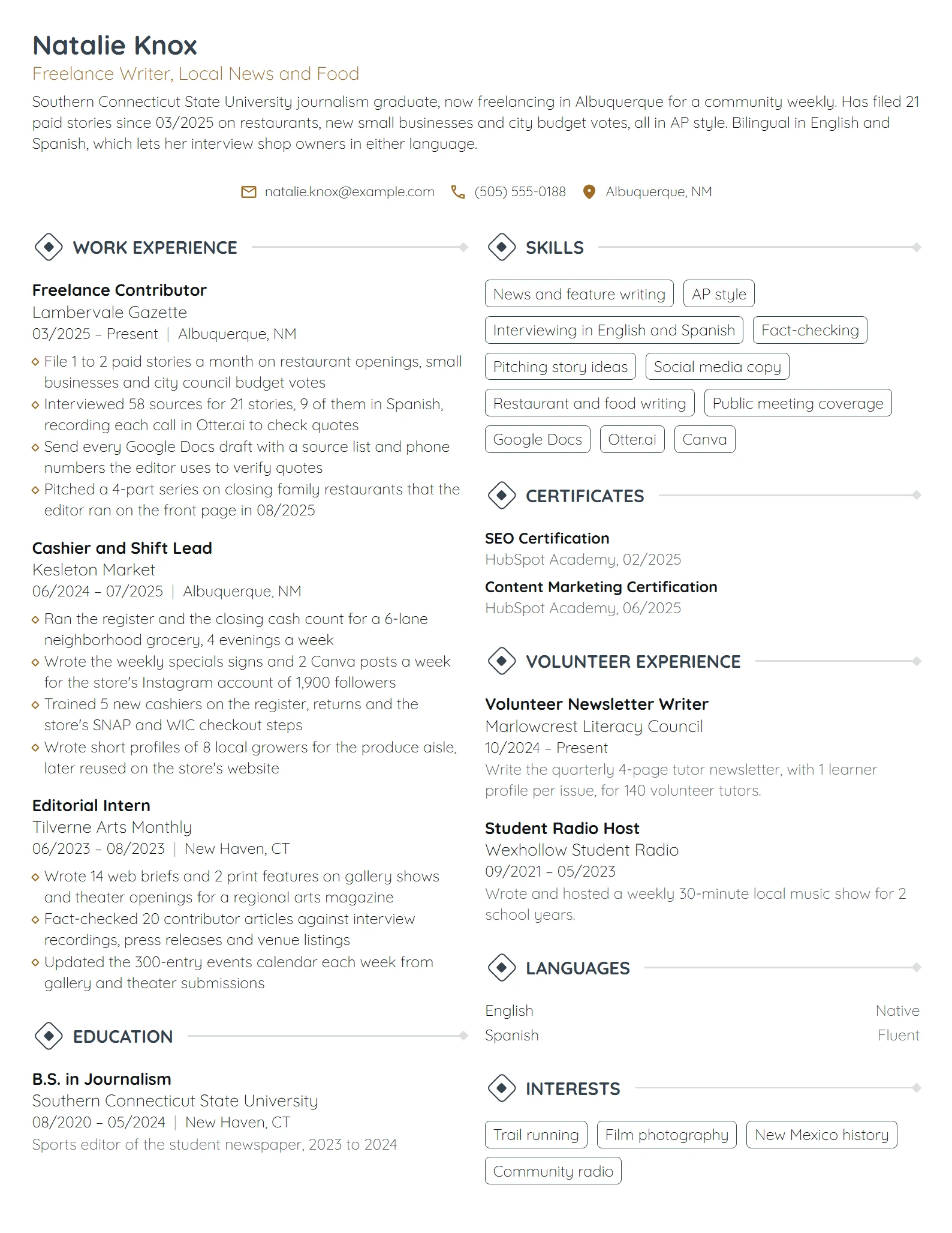 Freelance Writer with No Experience resume example