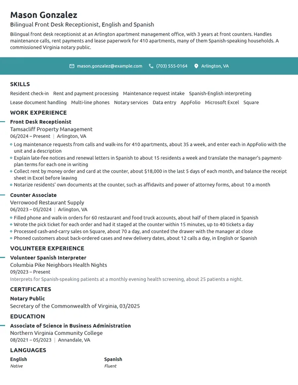 Bilingual Front Desk Receptionist resume example