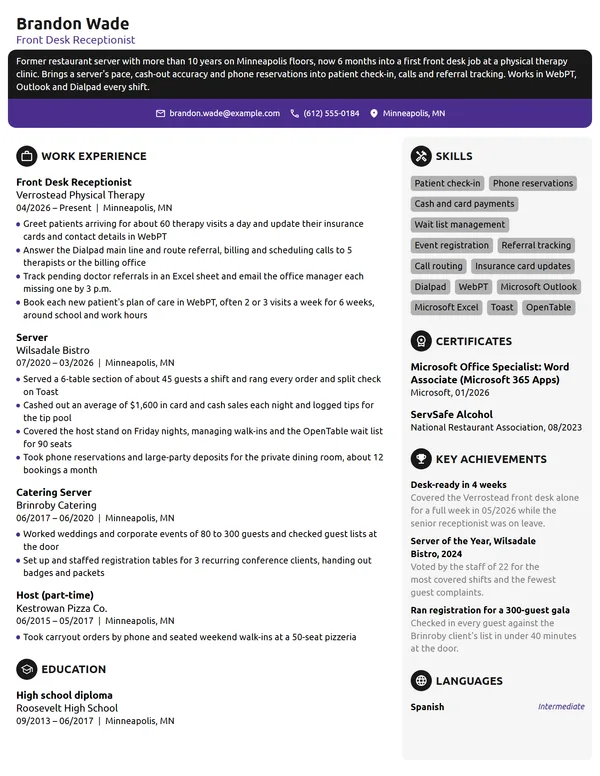 Career Change Front Desk Receptionist resume example